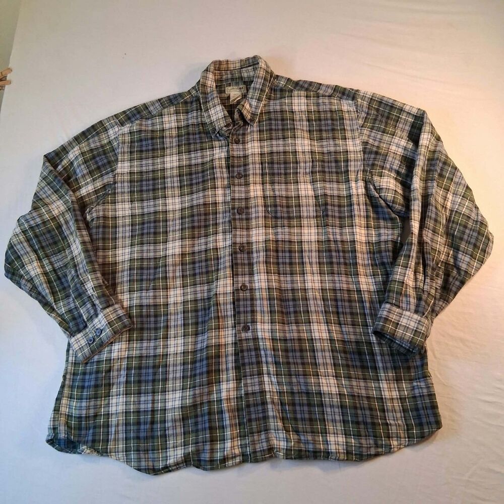 LL Bean Scotch Plaid Flannel Shirt Mens XXL Reg 2XL Green Blue Cotton 0BHF4